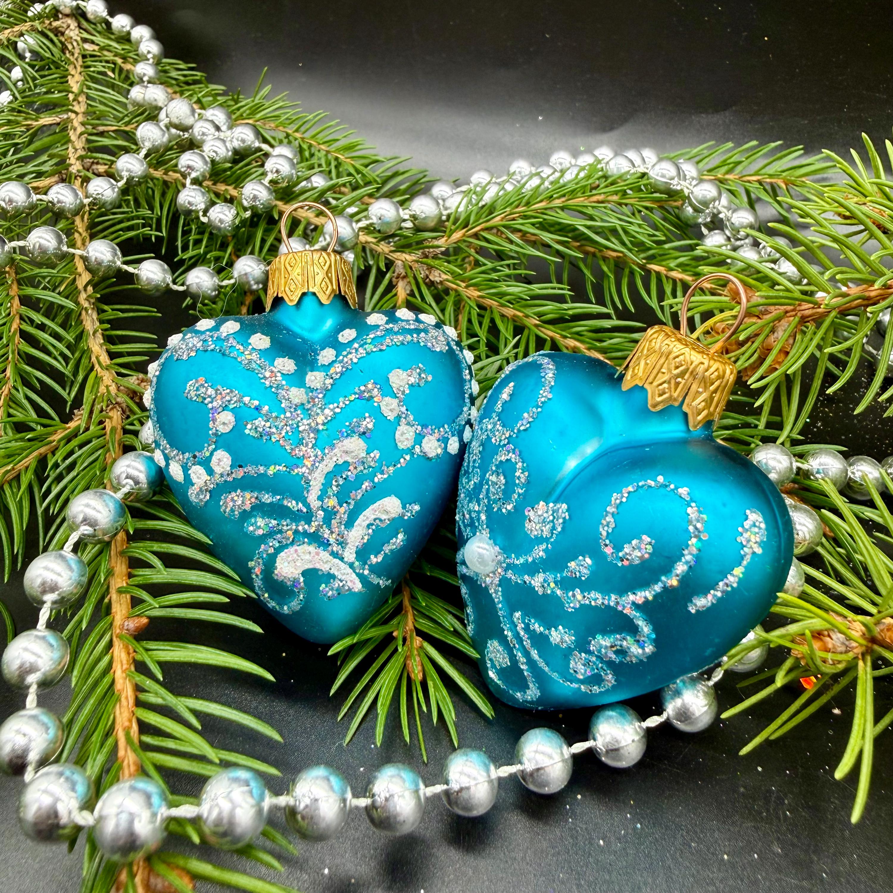 ターコイズハートのクリスマスガラスオーナメント、ガラスクリスマス