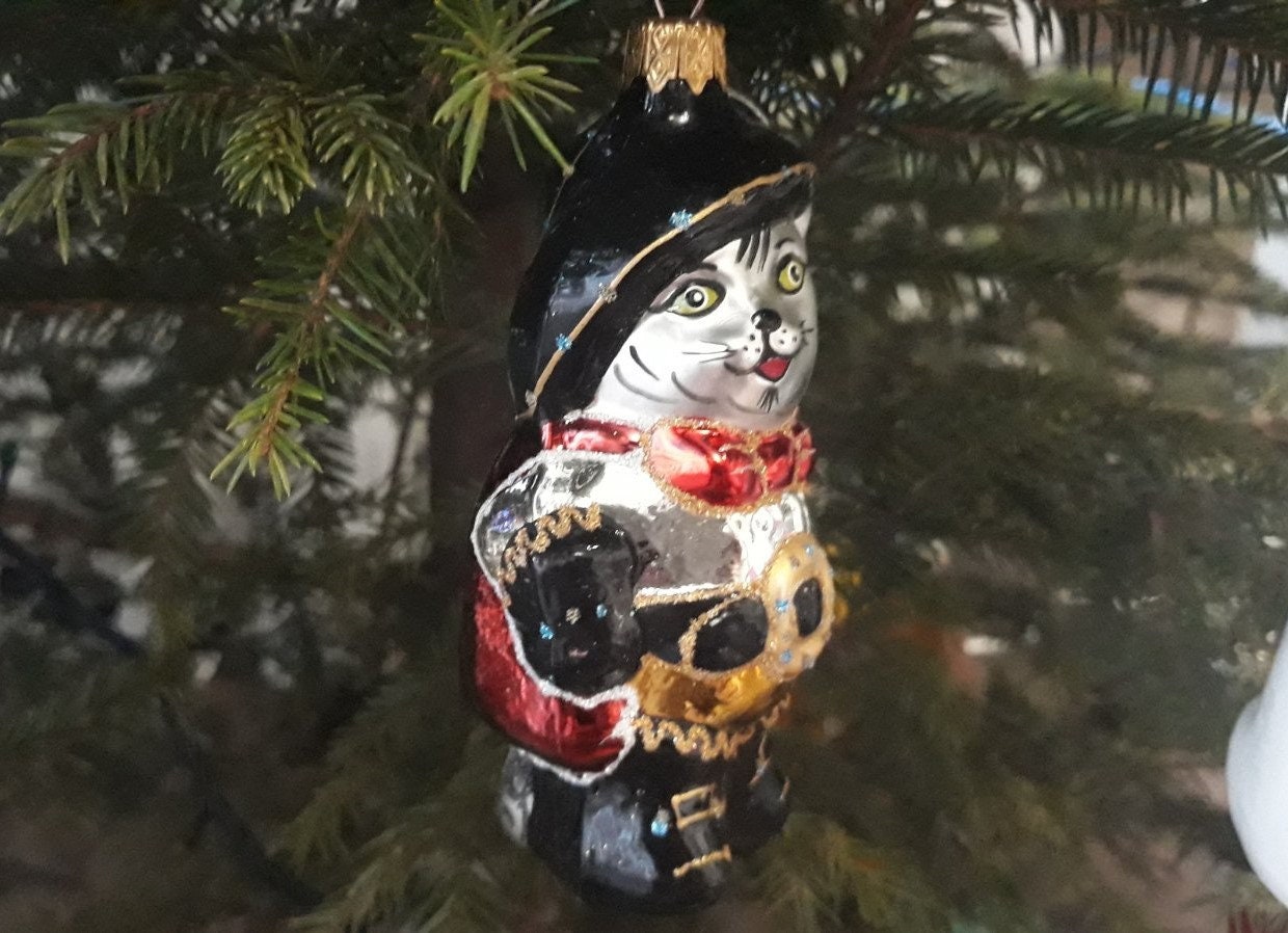 長靴をはいた猫のクリスマスガラスオーナメント、吹きガラスの