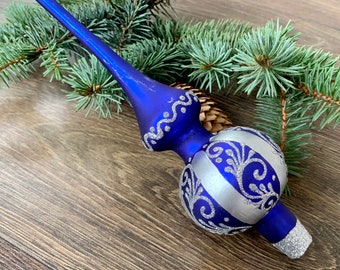 ブルーとシルバーのクリスマスガラスツリートッパー、ヴィンテージ