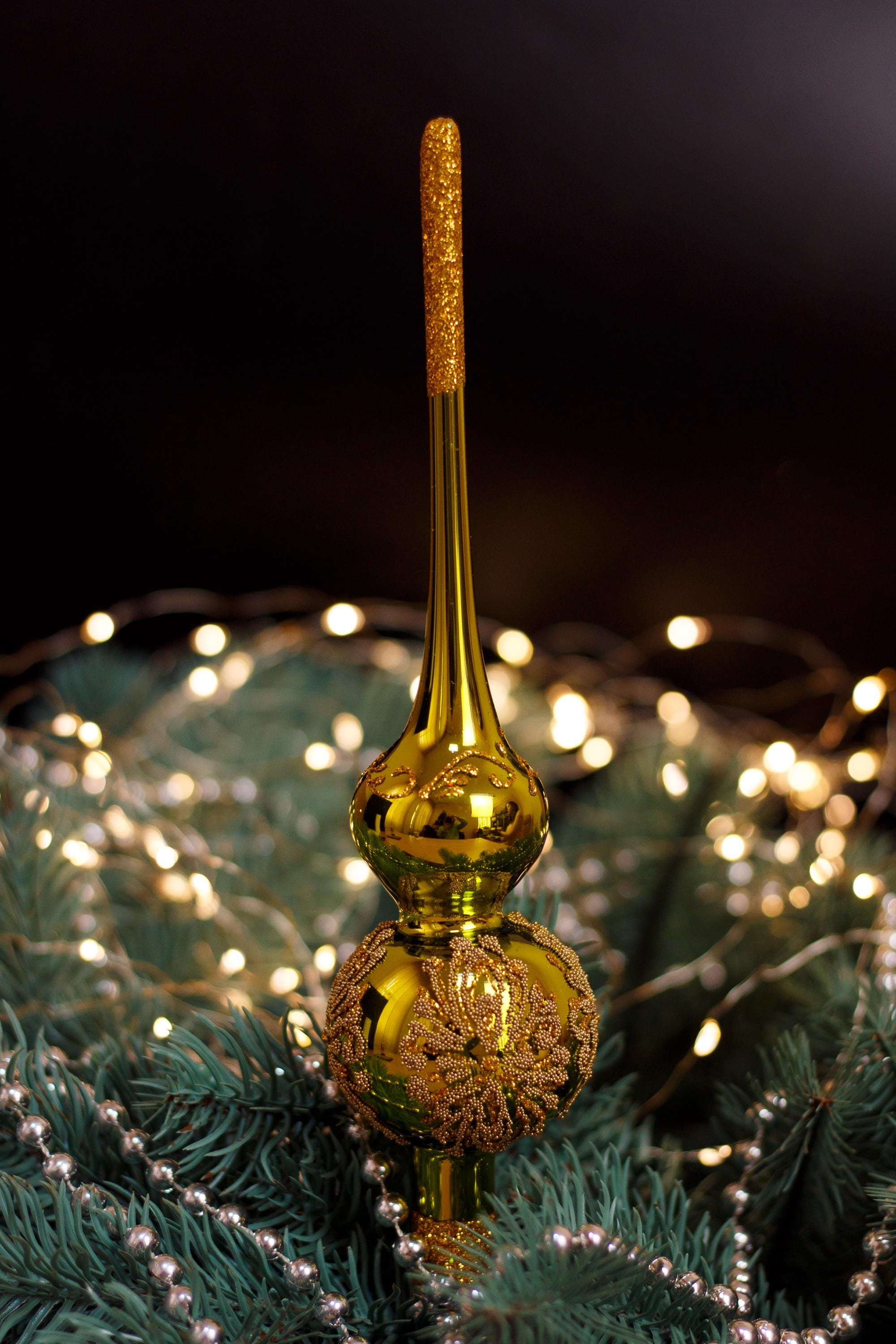 ゴールドクリスマスガラスツリートッパー10.8インチ、ヴィンテージ