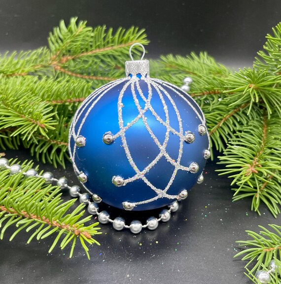 クリスマス　オーナメント ガラス　ガラスオーナメント　手描き　外国製　輸入　雑貨 青い手描きのクリスマスガラスオーナメント、カスタムオーナメント