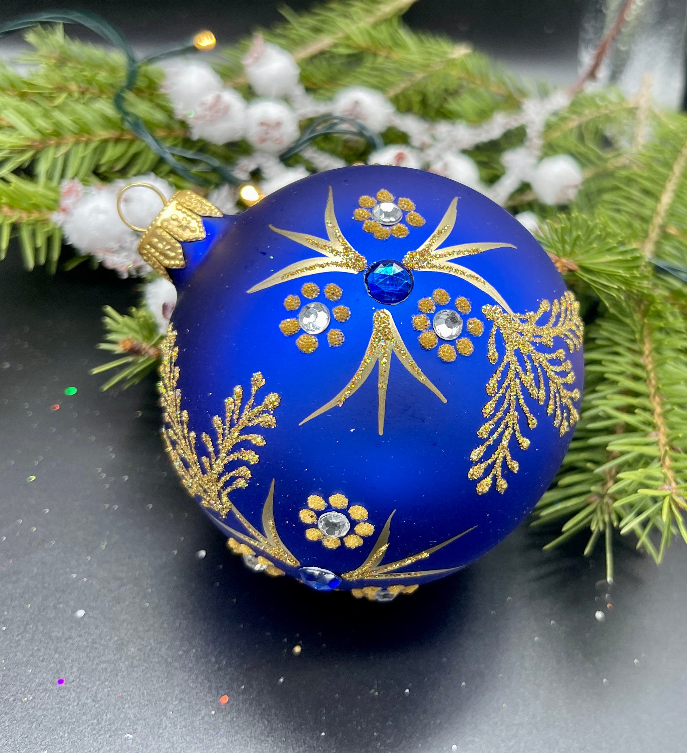 青い手描きのクリスマスガラスオーナメント、カスタムオーナメント