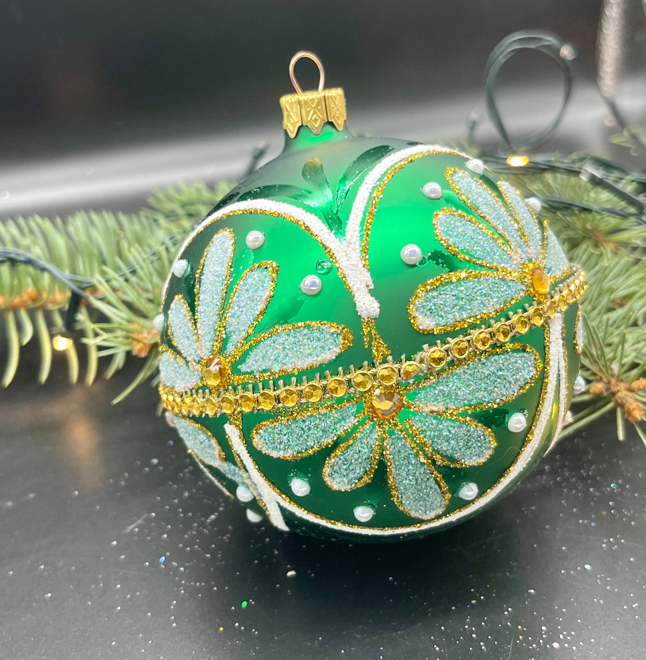 大きな緑の手描きのクリスマスガラスオーナメント、手作りのクリスマス