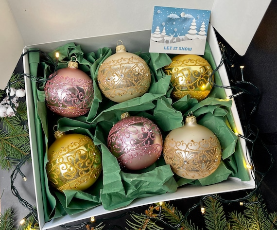 クリスマス用ガラスオーナメント6個セット、吹きガラス製クリスマス