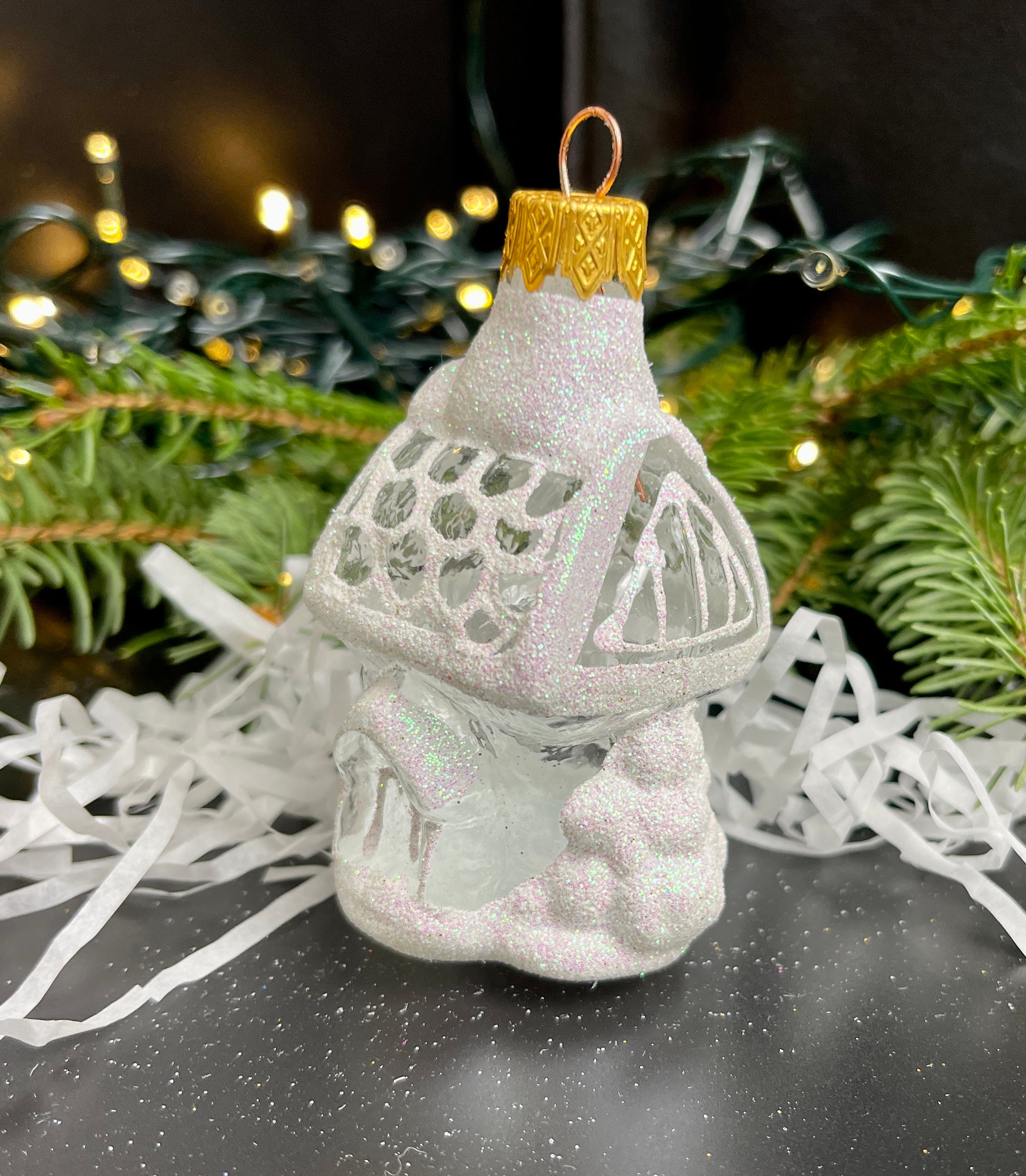 小屋のクリスマスガラスオーナメント、吹きガラスのクリスマス、手作り