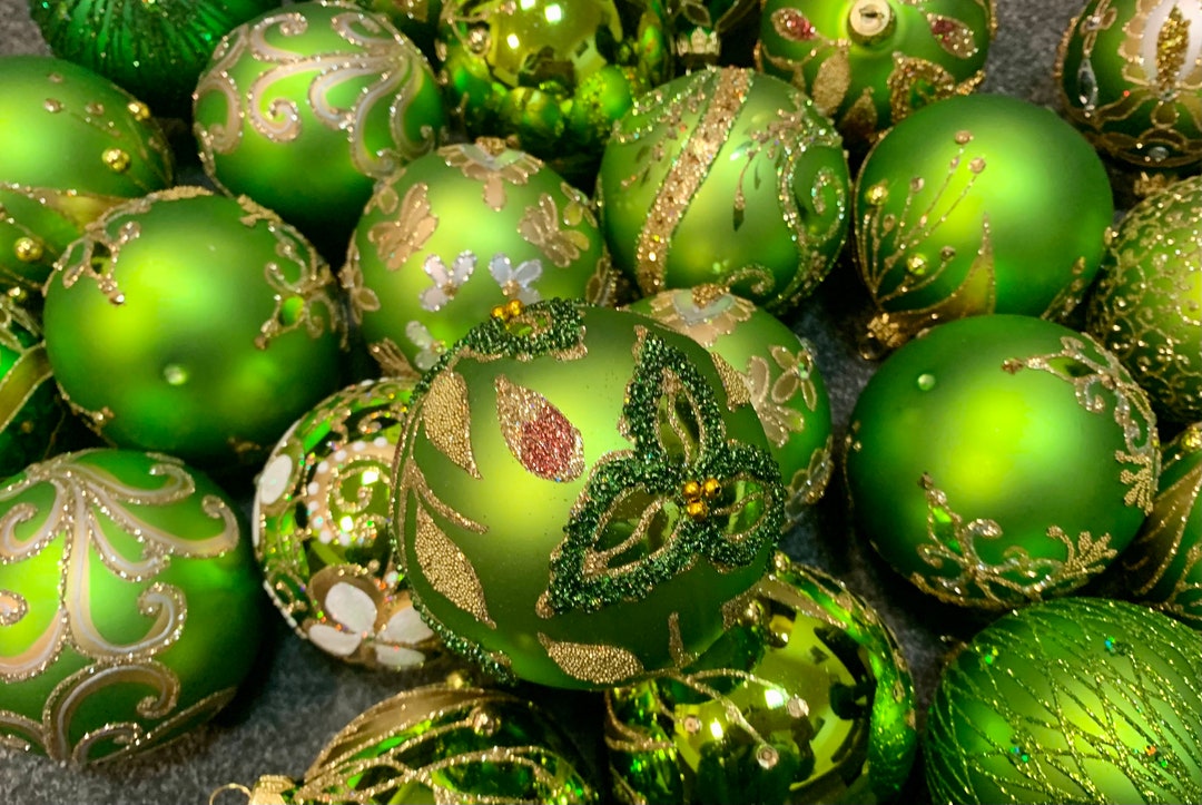 20 Green Assorted Glass Christmas Ball Ornaments, Assortment Hand