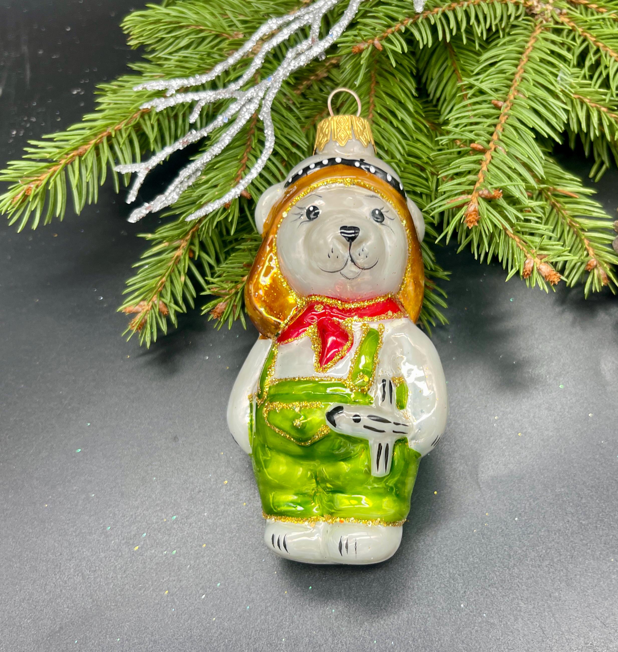 飛行機型のクリスマスガラスオーナメント付きクマ、吹きガラスの