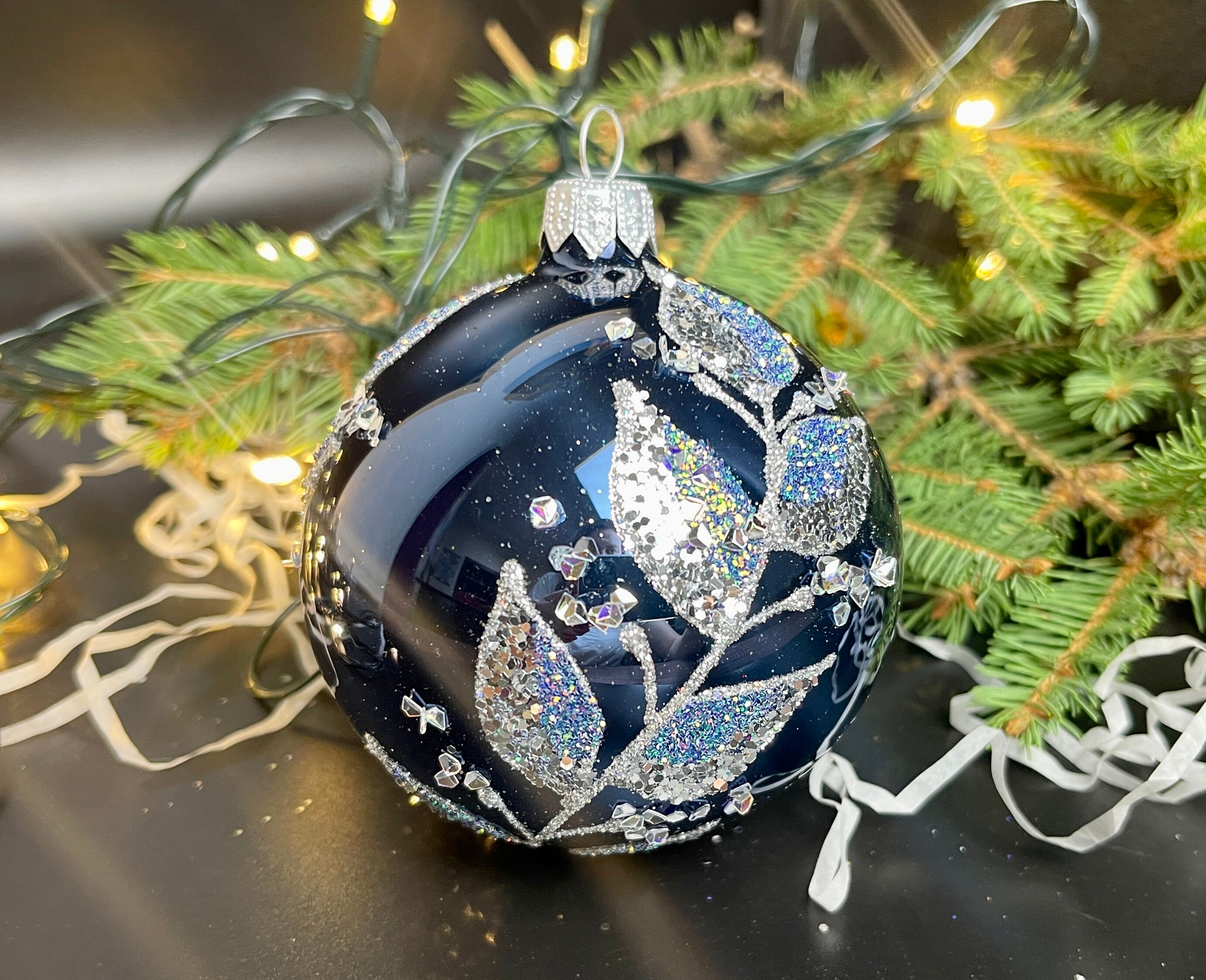 Custom Christmas Card of Hanging Blue and Silver Ornaments