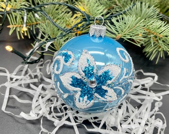 クリスマスツリー飾り 人工花 造花 クリスマス花 フラワー オーナメント 青 青い花の手描きのクリスマスガラスオーナメント、手作りのクリスマス