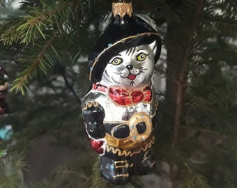 長靴をはいた猫のクリスマスガラスオーナメント、吹きガラスの