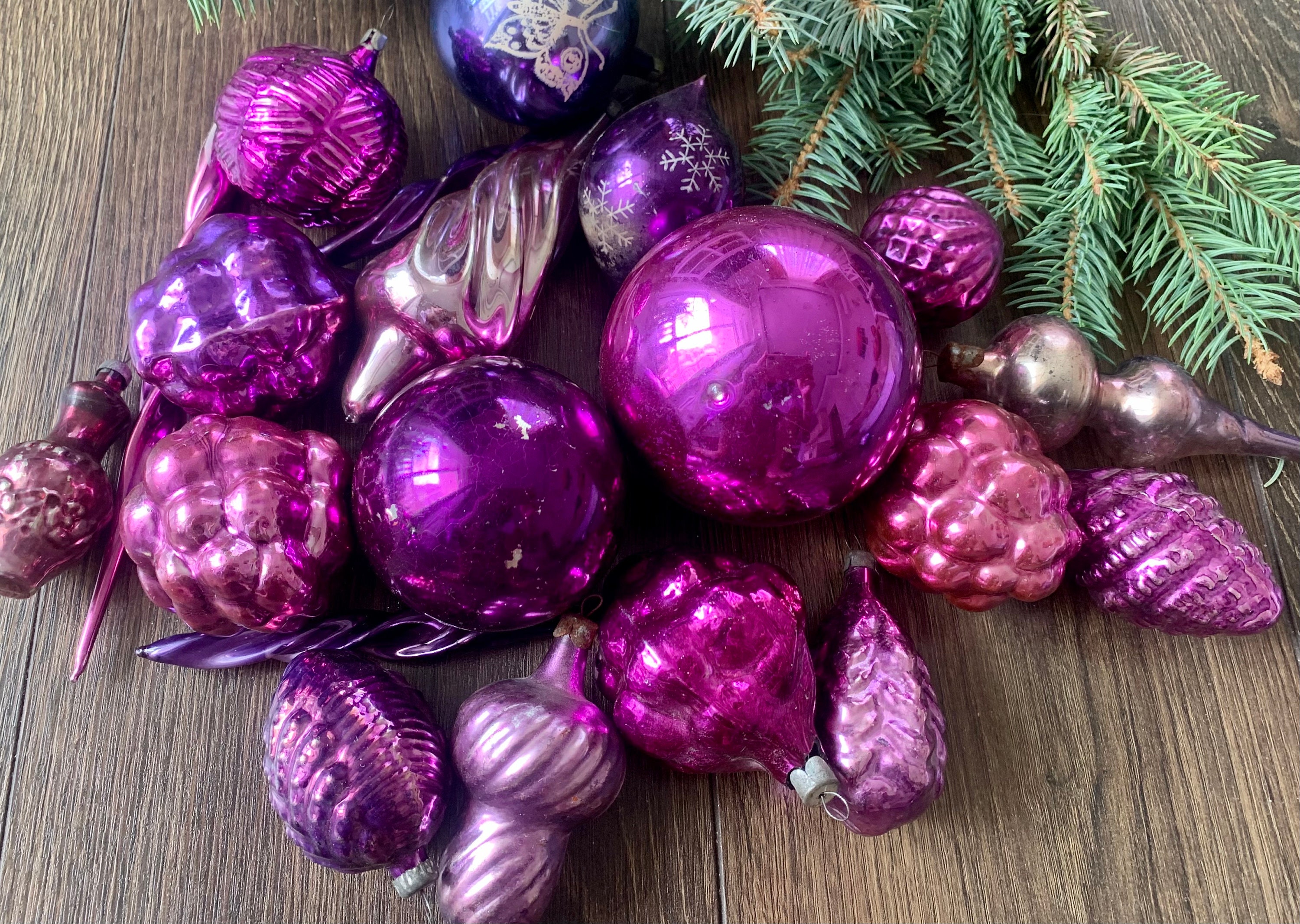 30 Assorted Purple Glass Decor, 1950s Soviet Christmas Tree,xtmas 