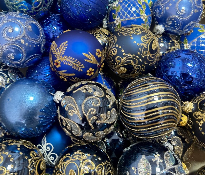 10 Blue Assorted Glass Christmas Ball Ornaments, Assortment Hand