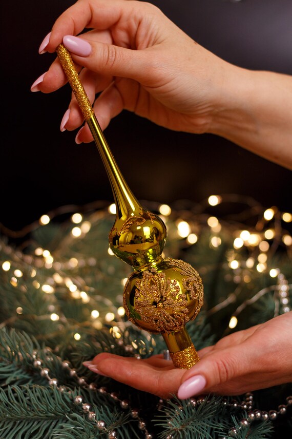 ゴールドクリスマスガラスツリートッパー10.8インチ、ヴィンテージ