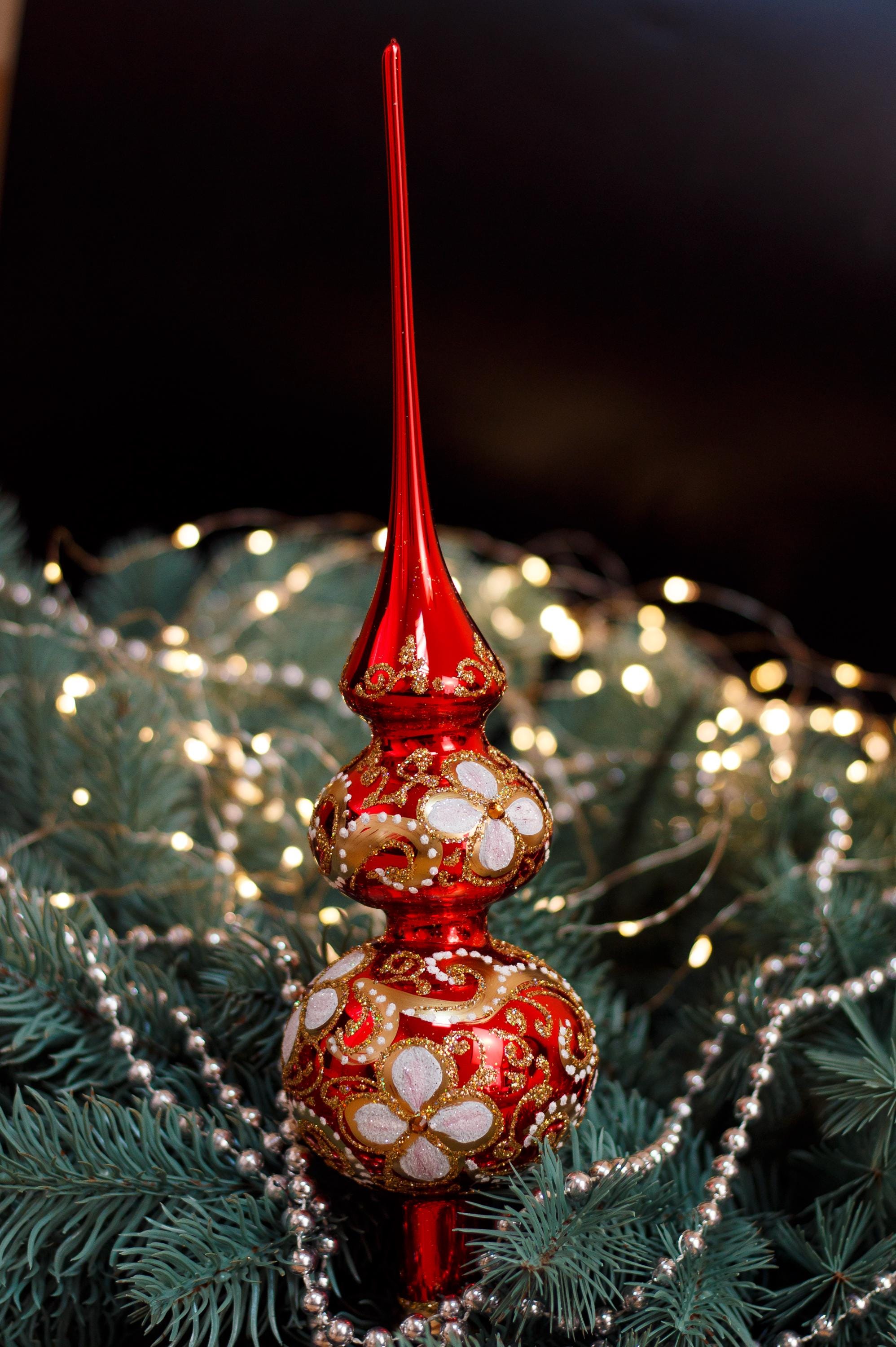 大きな　豪華クリスマスオーナメント　ガラス 大きな赤いクリスマスガラスツリートッパー 37 cm (14.5 インチ