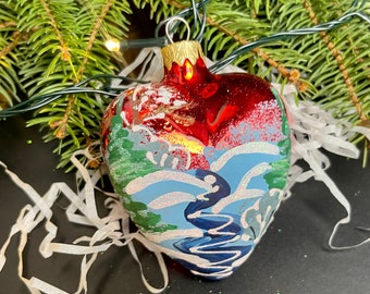 クリスマス　ガラスオーナメント　ハート　　オーナメントボール クリスマスハートガラスオーナメント、吹きガラスクリスマス、手作り