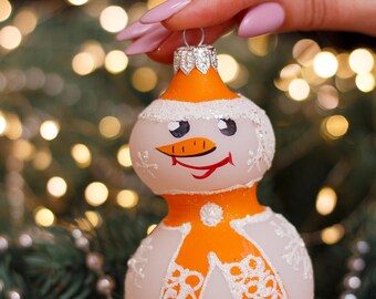 雪だるまのクリスマスガラスオーナメント、ガラスクリスマス、手作り