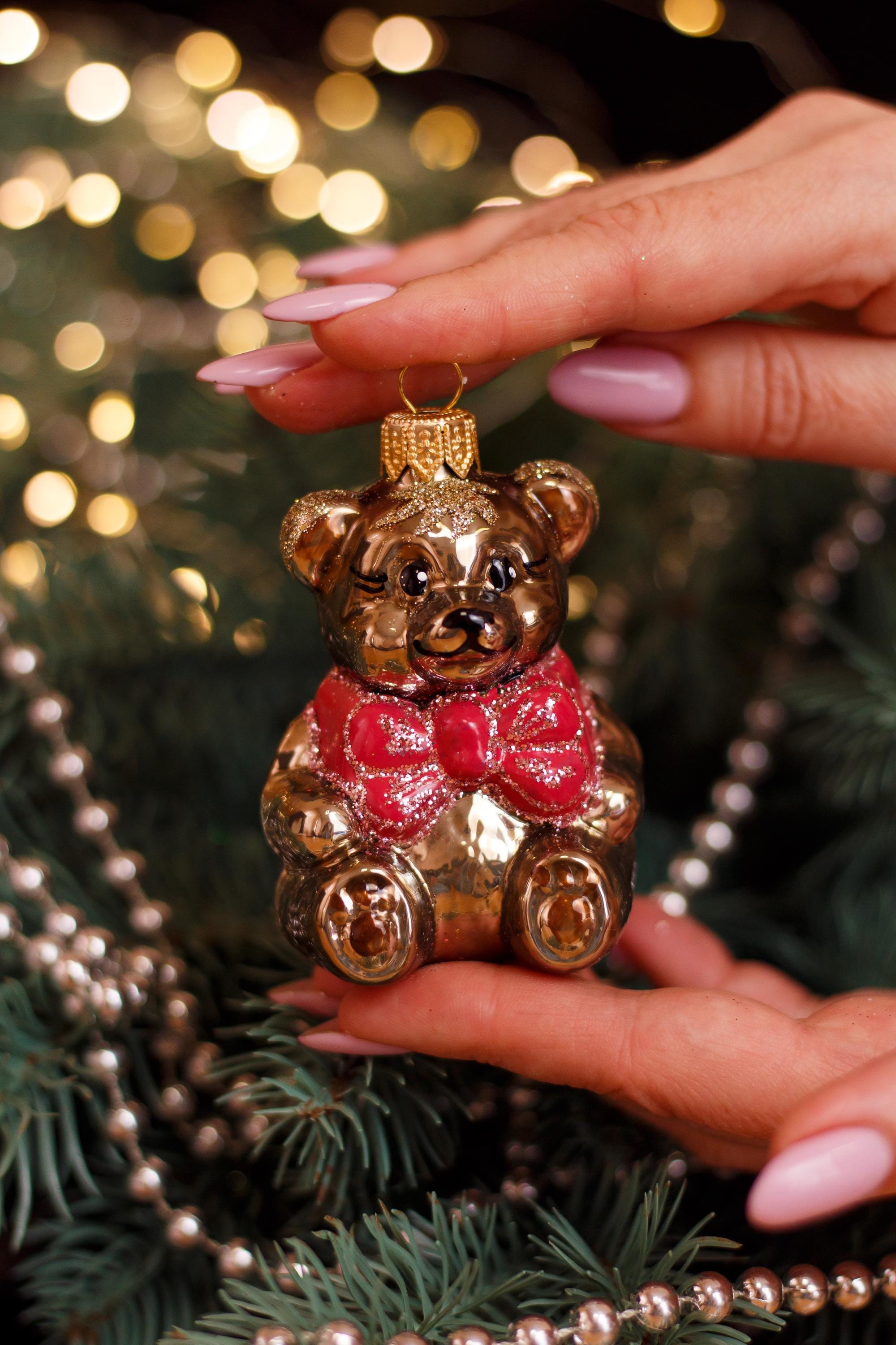 クマのクリスマスガラスオーナメント、吹きガラスのクリスマス、手作り