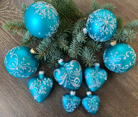 Set of 8 Turquoise Christmas Glass Ornaments Blown Glass