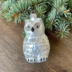 Owl Christmas glass ornaments, Blown Glass Christmas, Christmas tree glass ornament, white owl, handmade Xmas glass ornament