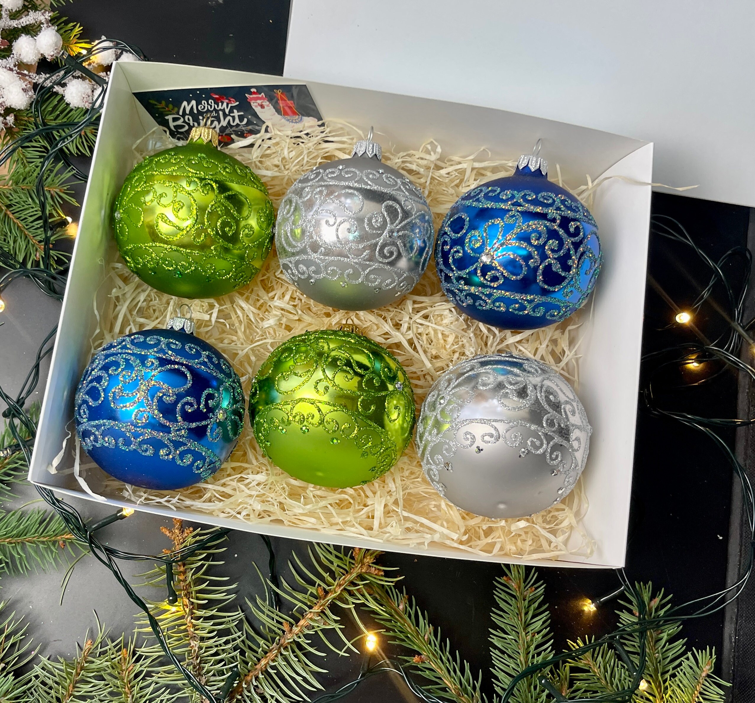 クリスマスガラスオーナメント6個セット、吹きガラスクリスマス、冬の