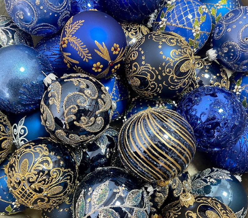 10 Blue Assorted Glass Christmas Ball Ornaments, Assortment Hand