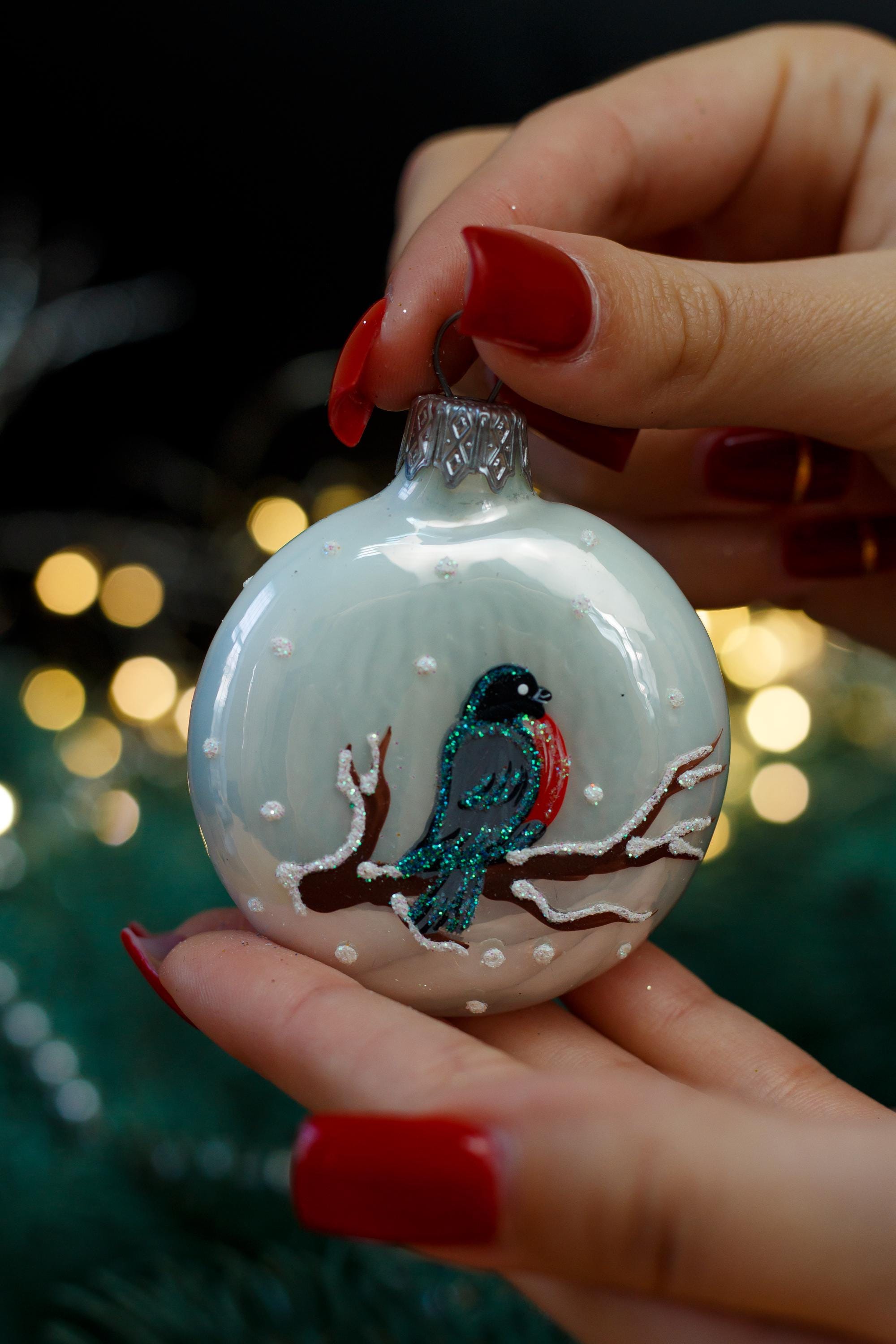 鳥のクリスマスガラスオーナメント、吹きガラスクリスマス、手作り