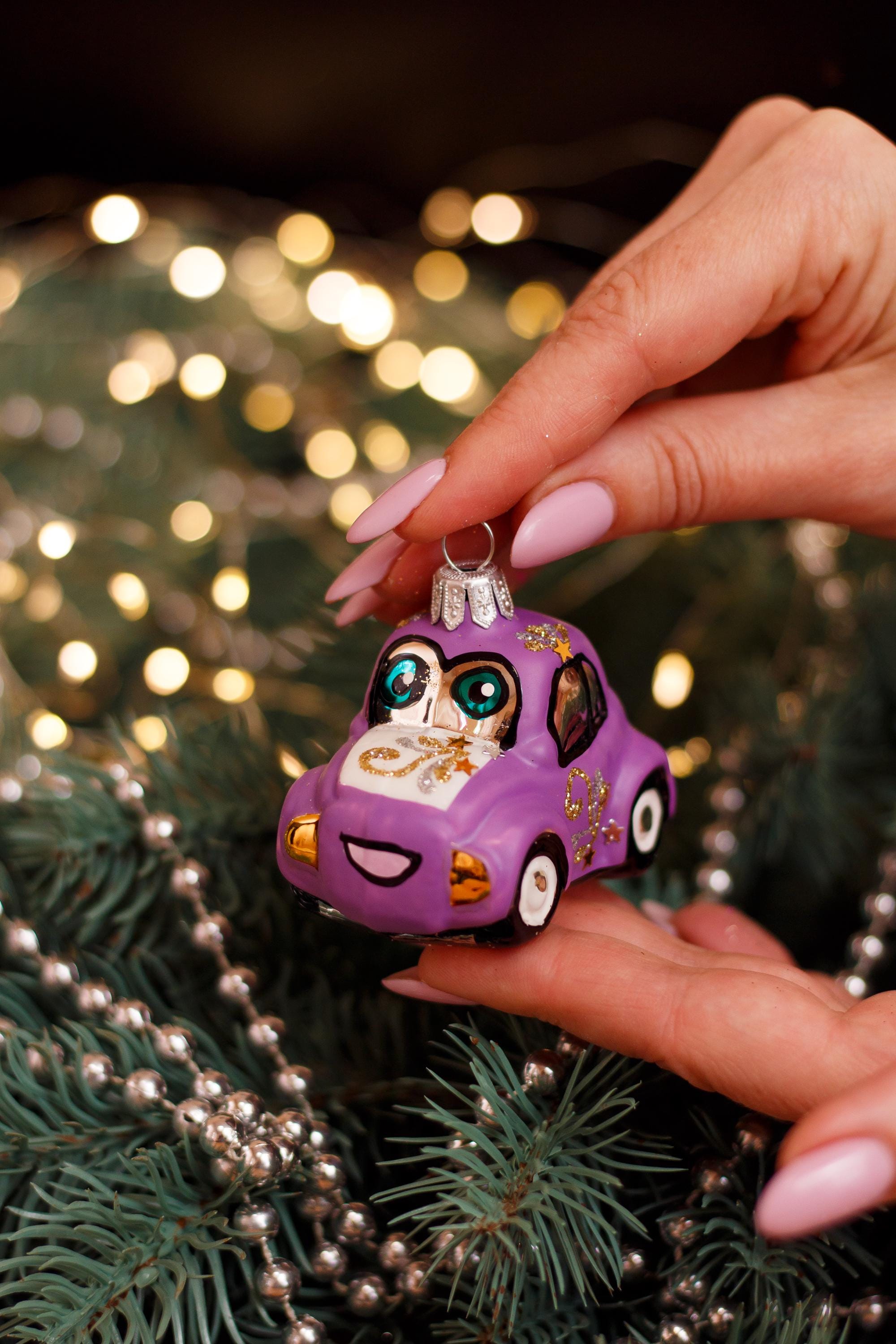 小さな車のクリスマスガラスオーナメント、ガラスクリスマス、手作り