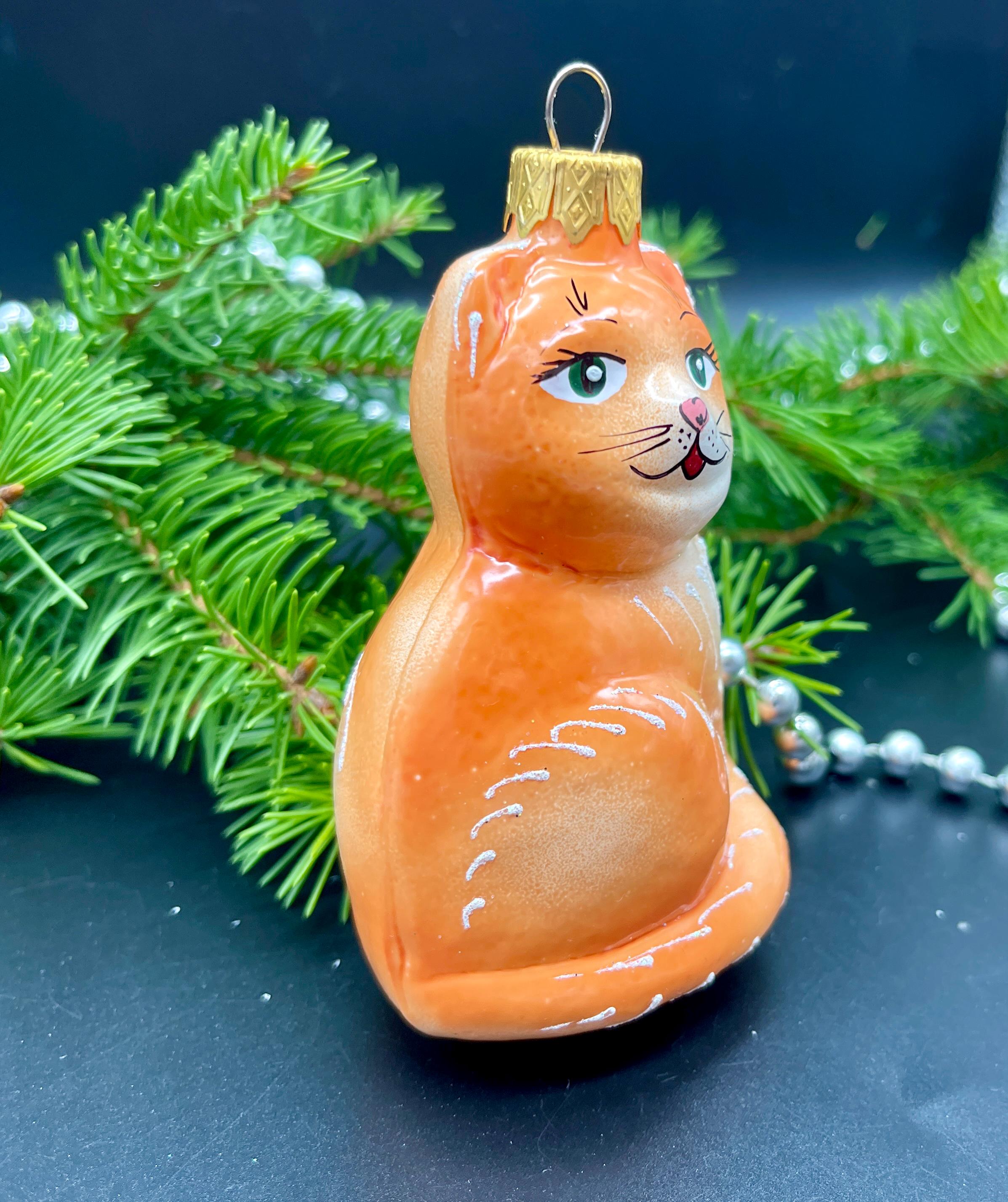 猫のクリスマスガラスオーナメント、吹きガラスクリスマス、手作り 猫のクリスマスガラスオーナメント、吹きガラスクリスマス、手作り