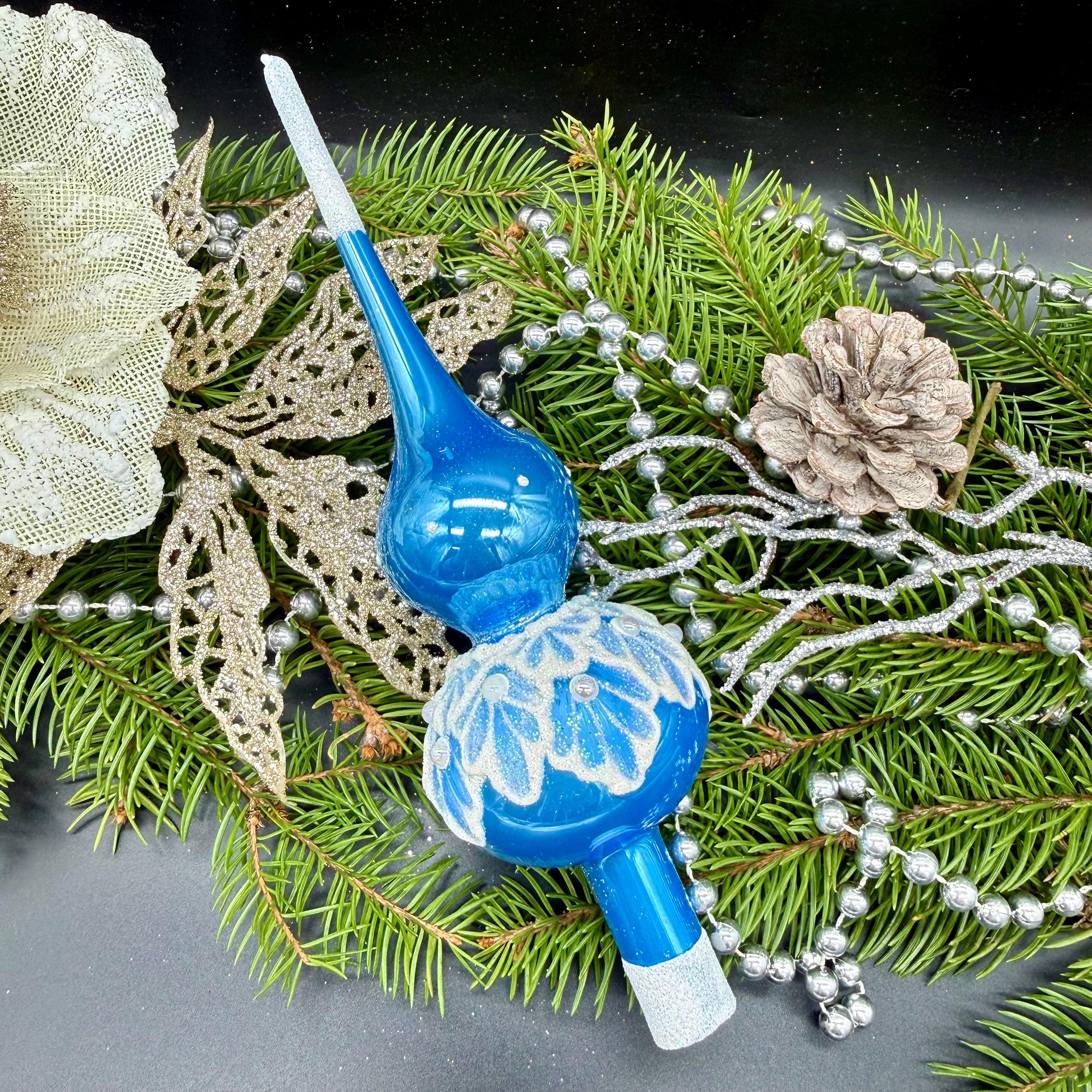 小さなライトブルーのクリスマスガラスツリートッパー 18 cm (7 インチ