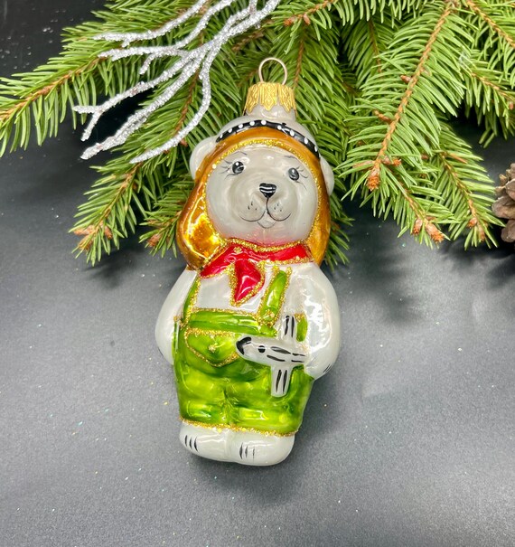 飛行機型のクリスマスガラスオーナメント付きクマ、吹きガラスの