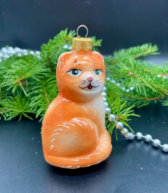 猫のクリスマスガラスオーナメント、吹きガラスクリスマス、手作り