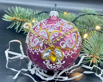 ピンクの手描きクリスマスガラスオーナメント、手作りクリスマスツリー