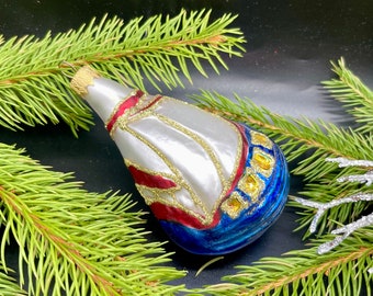 船のクリスマスガラスオーナメント、吹きガラスのクリスマス、手描きの