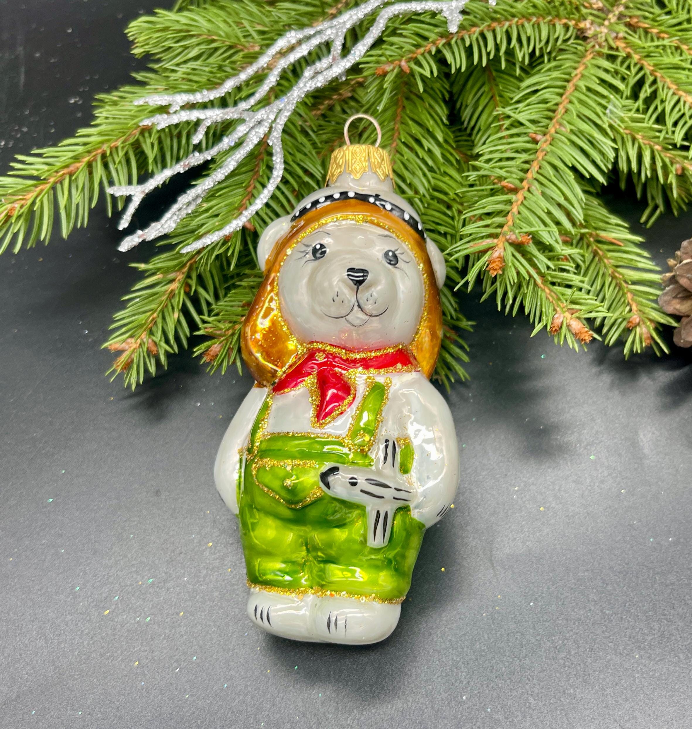 稀少ヴィンテージガラス窓付きブリキ缶 クリスマス 聖フランシスコ/ツリーと動物 飛行機型のクリスマスガラスオーナメント付きクマ、吹きガラスの