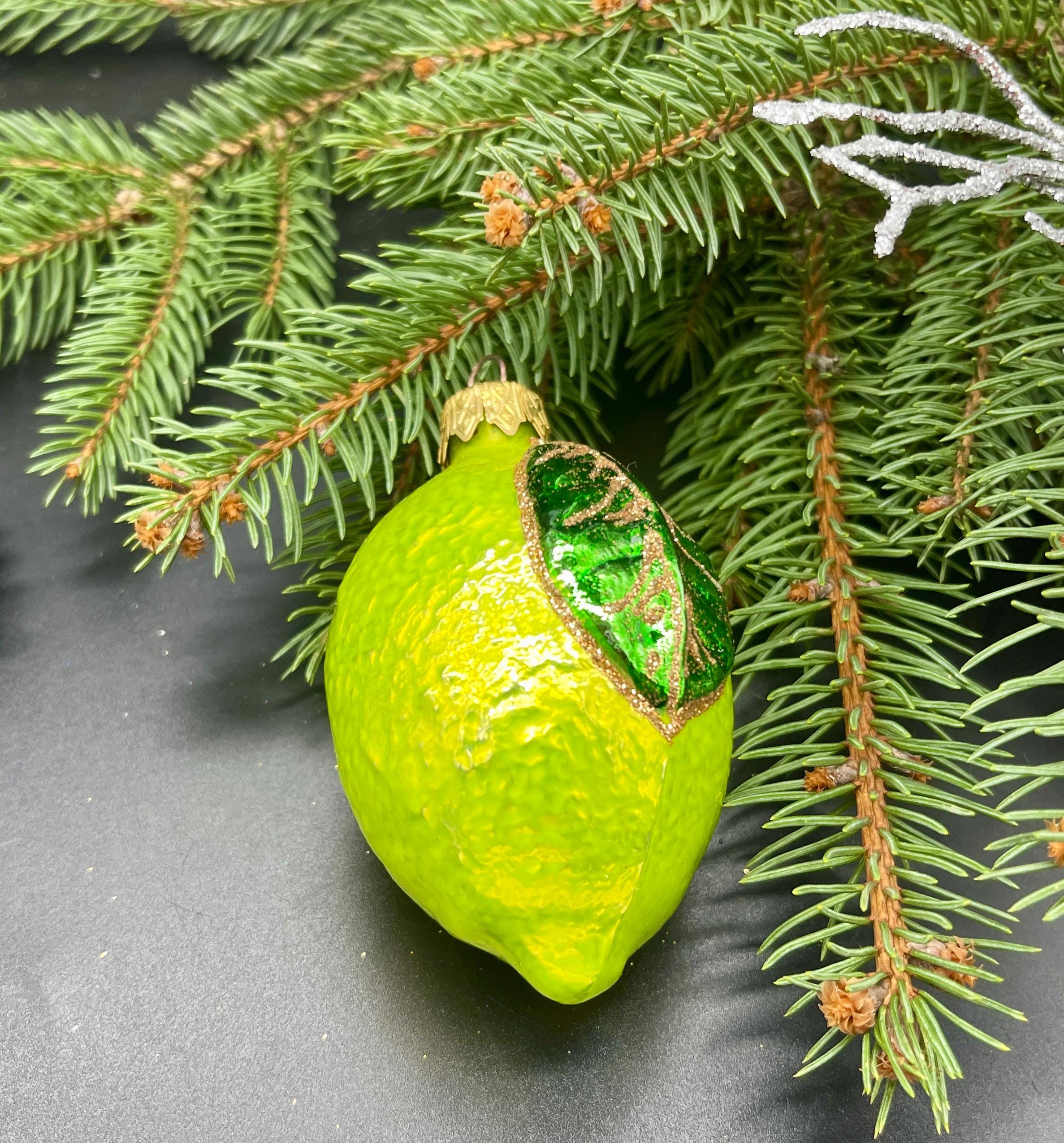 Glass Lemon Figurines - Set Of 2 Yellow & Green Fruit Decor For Kitchen Home Centerpiece