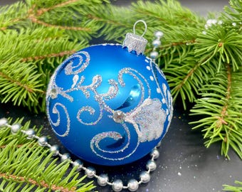 青い手描きのクリスマスガラスオーナメント、カスタムオーナメント