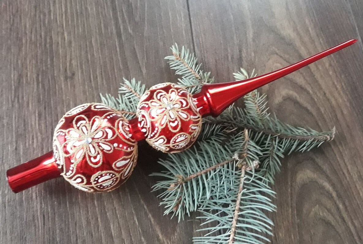 Red Christmas Glass Tree Topper 33cm (12.9 Inch),vintage Tree