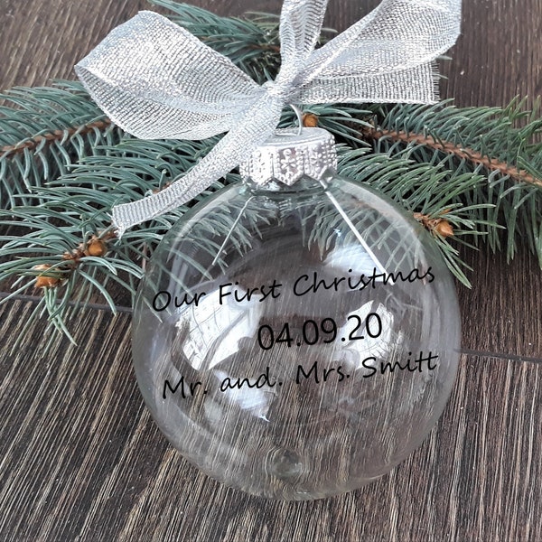 Personalized Christmas Glass  Ornaments, Custom Etched Glass Ornaments, Christmas ornament, clear Glass Ball, Gift ideas, Wedding Gift