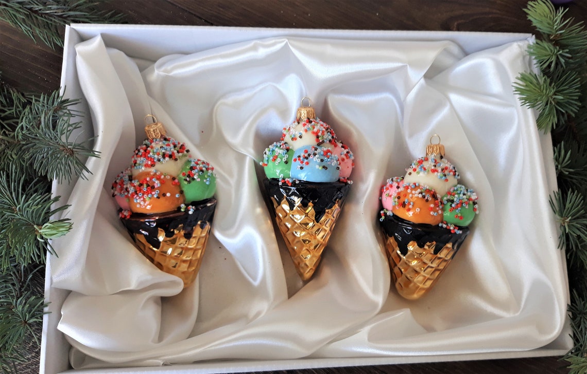 Set of 3 ice creams Christmas glass ornamentsChristmas | Etsy