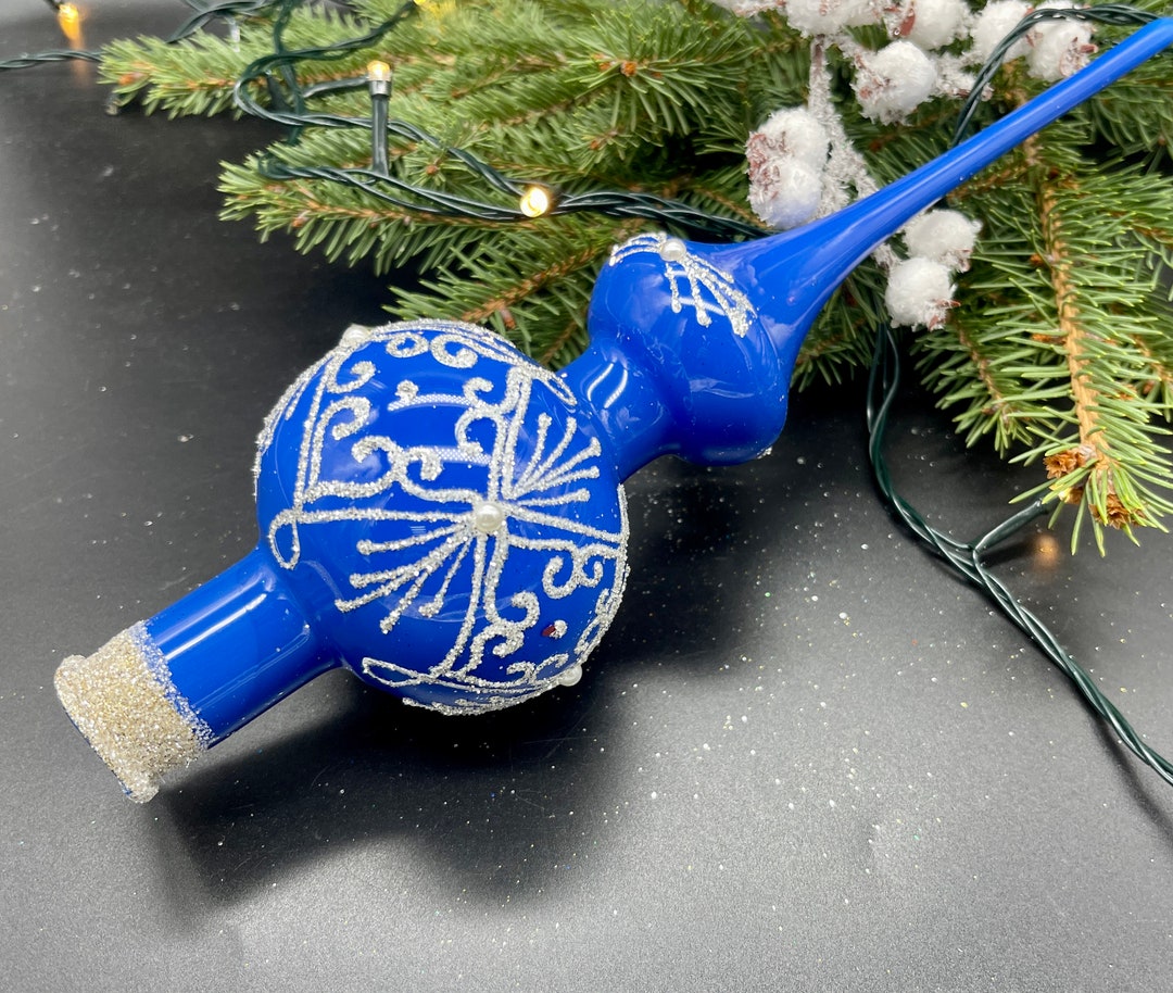 Blue Christmas Glass Tree Topper 27cm 10.8 Inch, Vintage Tree Topper Christmas Tree Ornaments