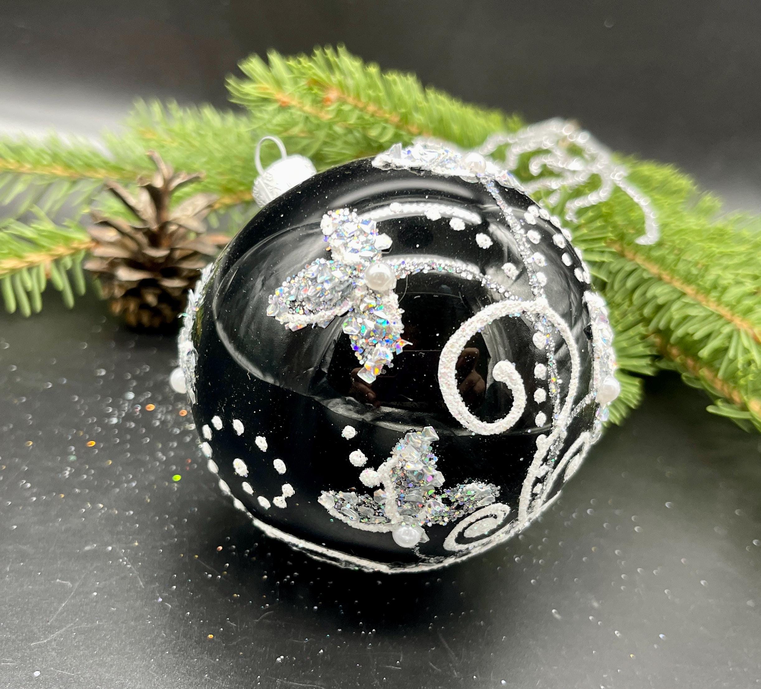 黒の手描きクリスマスガラスオーナメント、手作りガラス、クリスマス