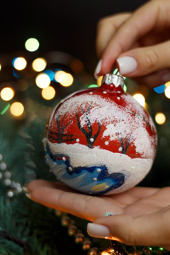 小屋付きボール、手描きのクリスマスガラスオーナメント、カスタム