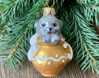 猫のクリスマスガラスオーナメント、吹きガラスのクリスマス、手作りの