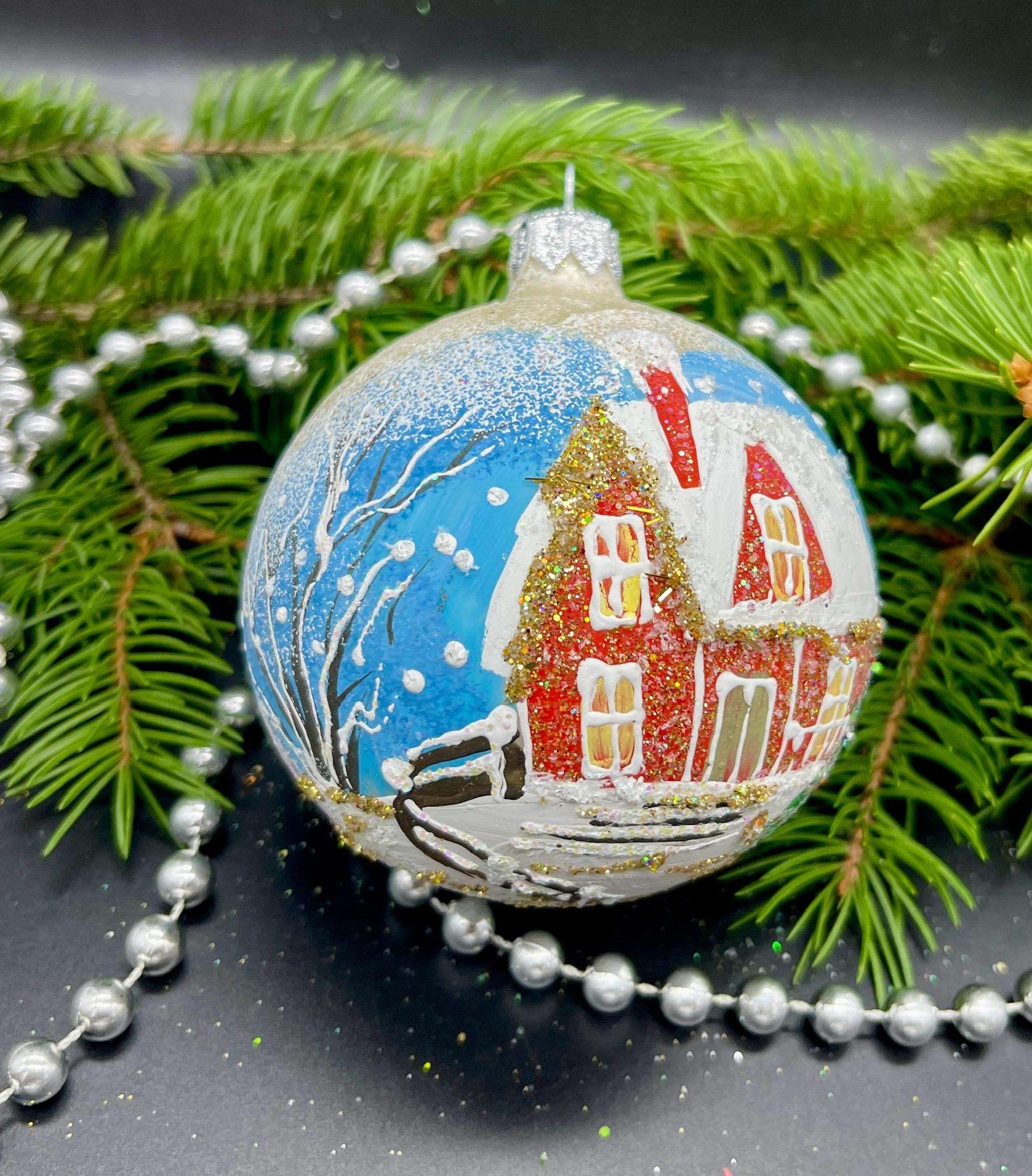 小屋付きボール、手描きのクリスマスガラスオーナメント、カスタム