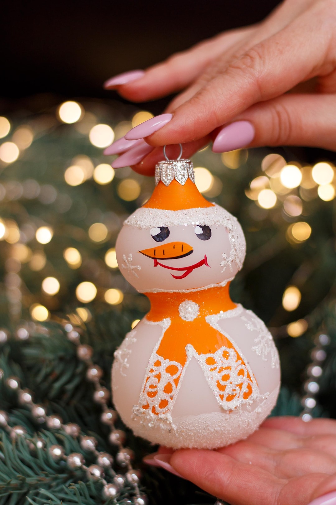 雪だるまのクリスマスガラスオーナメント、ガラスクリスマス、手作り