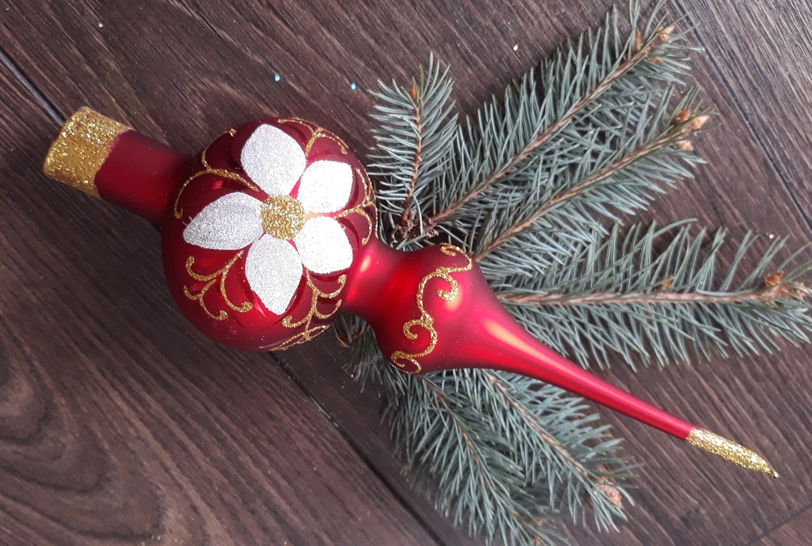Glass Spire Tree Topper Red Silver Accents Christmas Finial Etsy