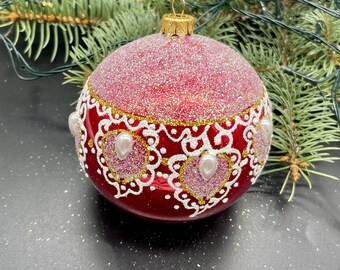 大きな　豪華クリスマスオーナメント　ガラス 大きな赤い手描きのクリスマスガラスオーナメント、手作りのクリスマス