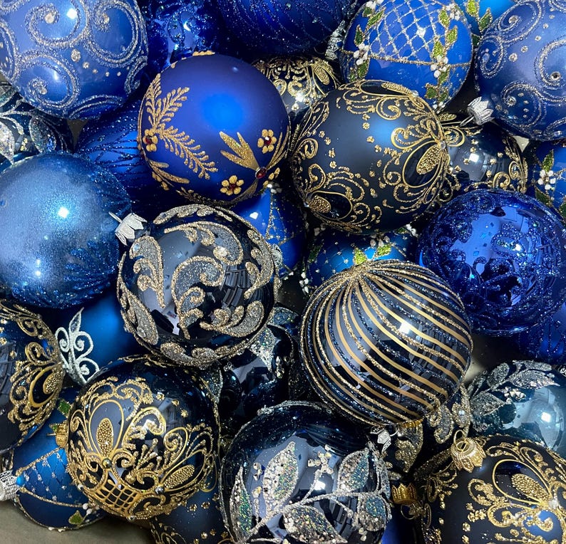 10 Blue Assorted Glass Christmas Ball Ornaments, Assortment Hand