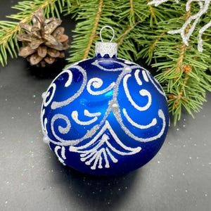 Blue Hand-painted christmas glass ornaments ,Handmade Christmas tree glass ornament, Crafted Christmas decoration, Xmas 2024