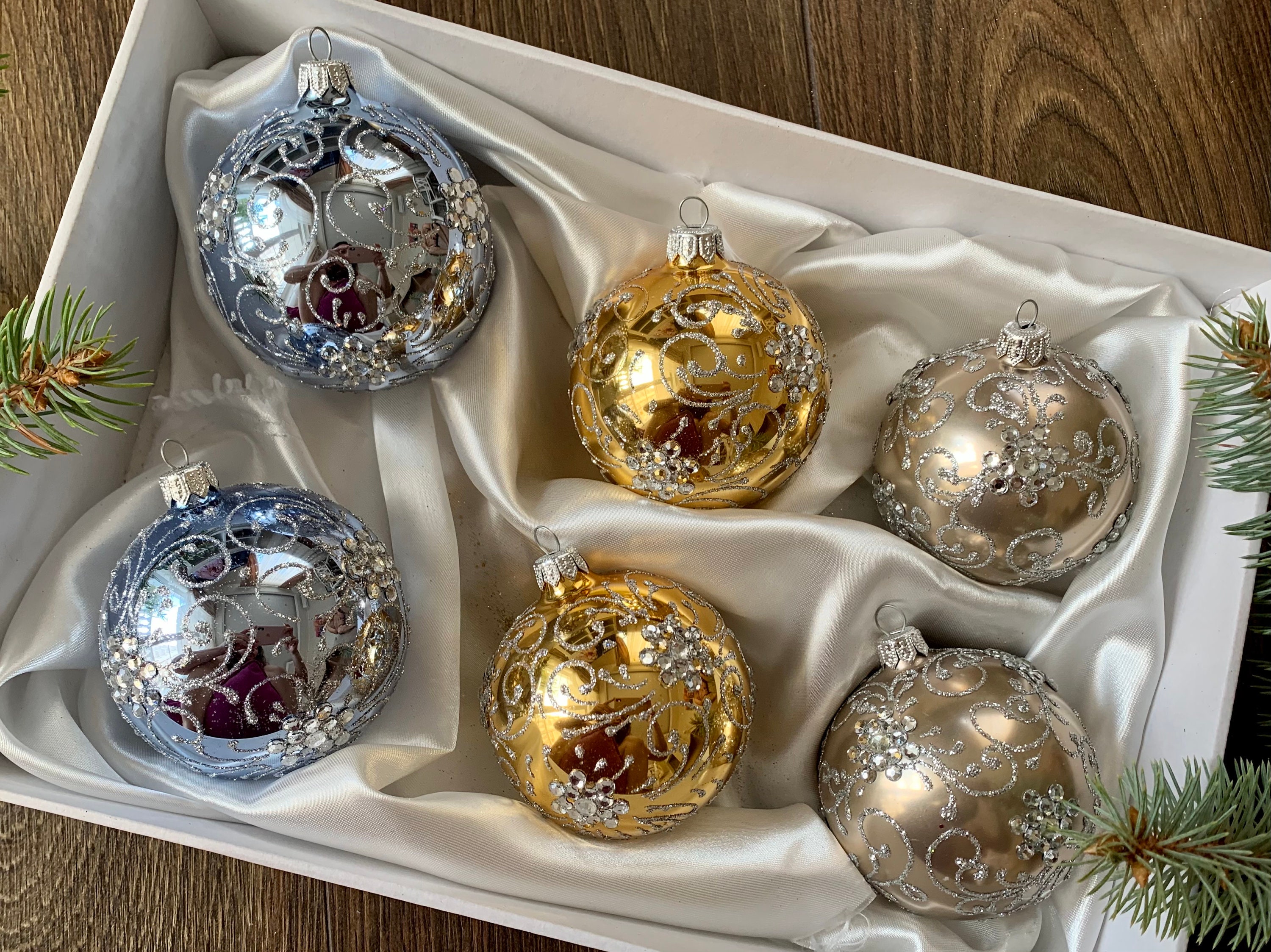 クリスマスオーナメント ガラス製　セット リバティクリスマスプリント＆ヴィンテージ薄ガラスの